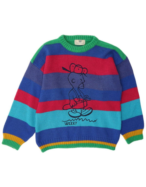 Vintage męski sweter z graficznym wycięciem pod szyją, duży, wielobarwny w paski