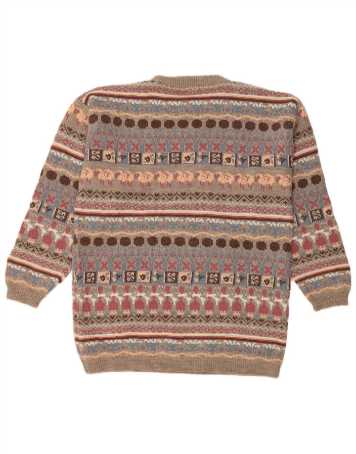 Sweter damski w stylu vintage z okrągłym dekoltem UK 14, średni beż, geometryczny