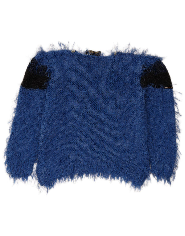 Sweter damski w stylu vintage z dekoltem w kształcie litery V, UK 16, duży, niebieski, bawełniany w bloki kolorów
