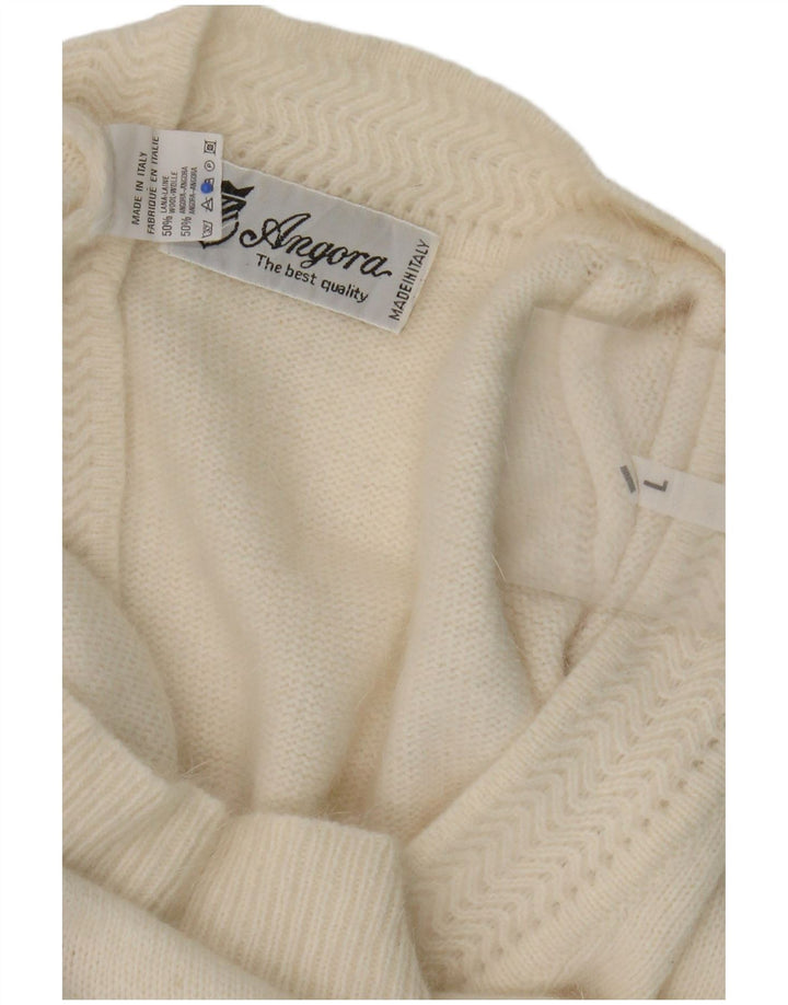 Sweter damski w stylu vintage z abstrakcyjnym wzorem i dekoltem w szpic UK 16, duży biały
