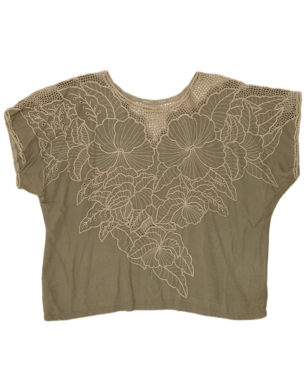 Bluzka damska w stylu vintage Top UK 16, duża, khaki, wiskoza w kwiaty