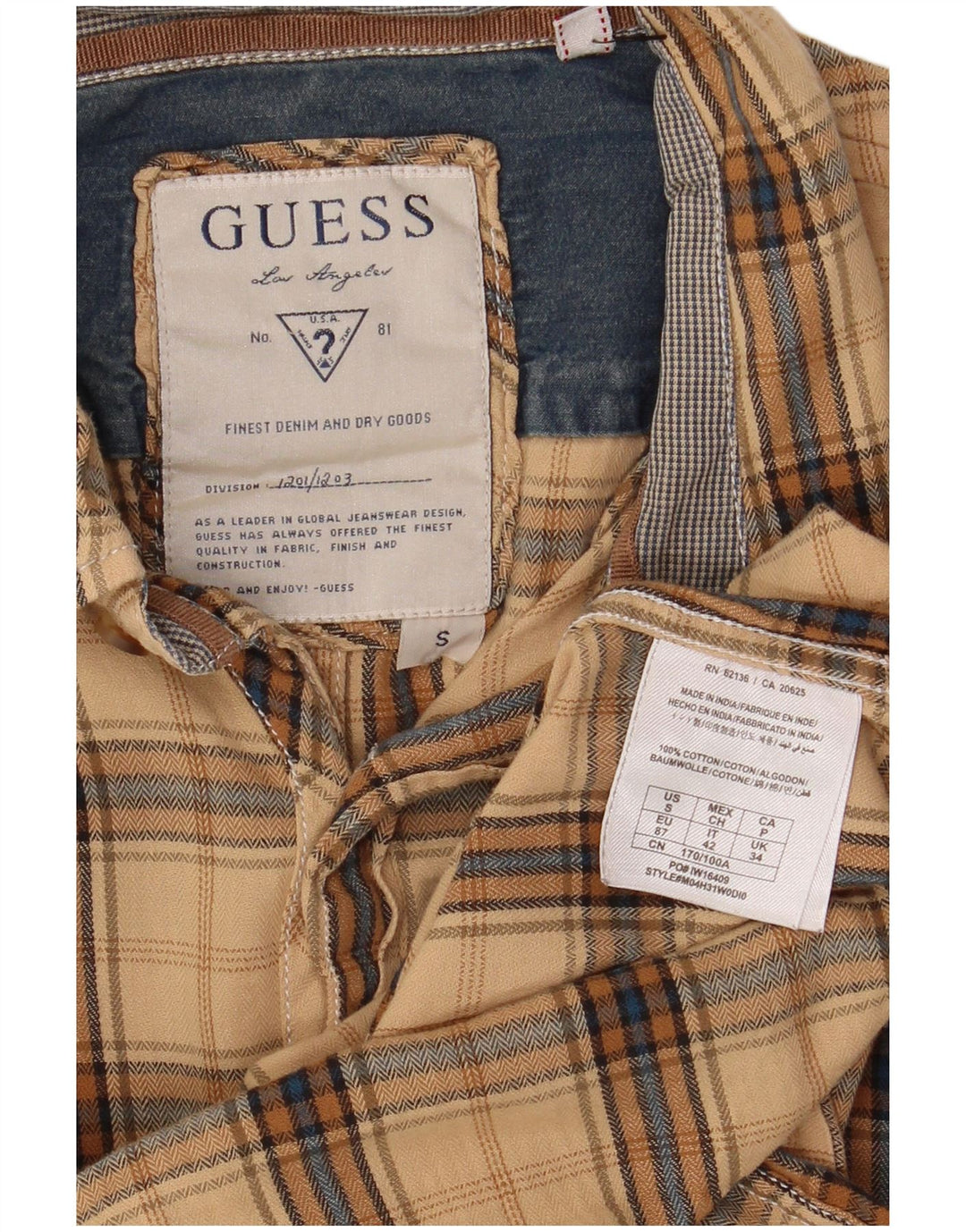 Koszula flanelowa męska Guess w małą beżową kratkę, bawełniana