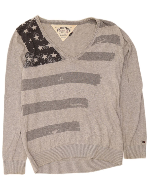 Tommy Hilfiger Mens V-Neck Jumper Sweater XL Grey Geometric Cotton