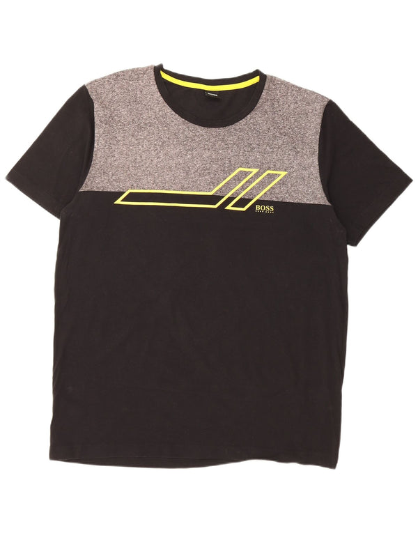 Męska koszulka z grafiką HUGO BOSS, duża, czarna, bawełniana z blokami kolorów