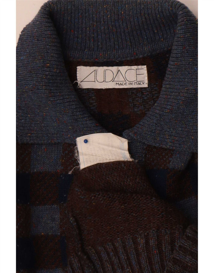 Męski sweter w stylu vintage, z dekoltem polo, duży, szary, wełniany w kratkę