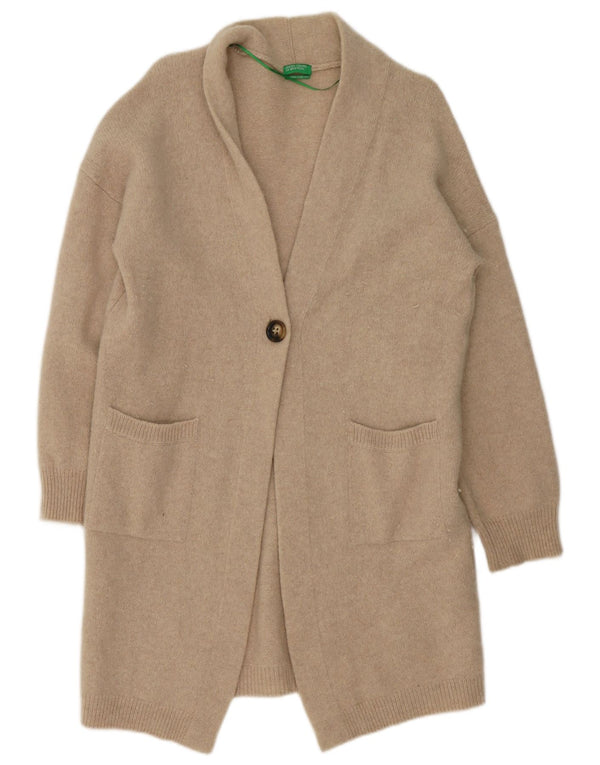 Damski sweter rozpinany Benetton Longline UK 14, duży, beżowy, wełniany