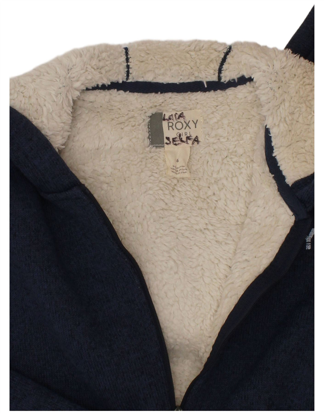 Dziewczęcy sweter z kapturem i grafiką Roxy, zapinany na zamek, 5-6 lat, granatowy, poliester