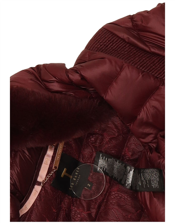 Damski ocieplany płaszcz z kapturem Ted Baker, rozmiar 2, mały, bordowy poliamid
