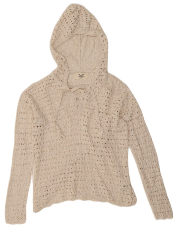 Damski sweter gruby z kapturem, szydełkowany, oversize, UK 10, mały, biały