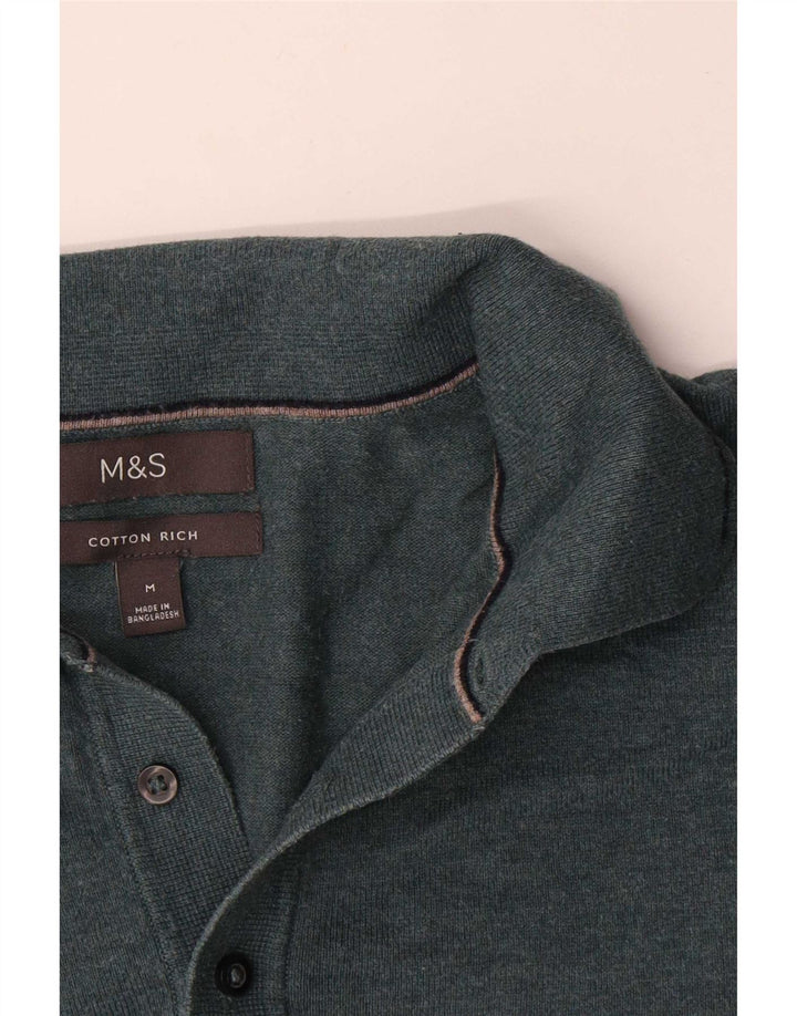 Marks & Spencer Męski sweter polo z dekoltem w kolorze średniej zieleni, bawełniany