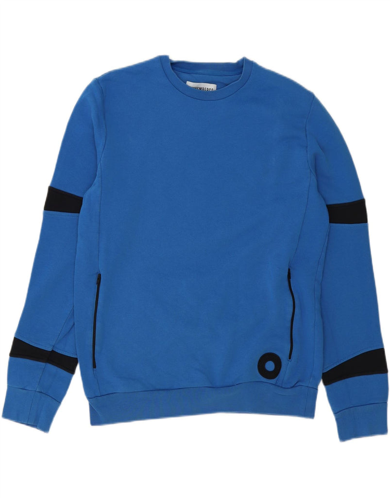 BIKKEMBERGS Mens Sweatshirt Jumper Medium Blue Colourblock Cotton Vintage Bikkembergs and Second-Hand Bikkembergs from Messina Hembry 