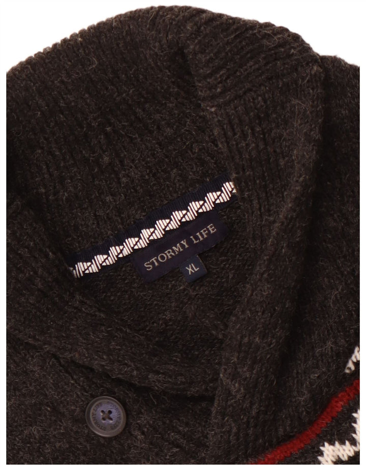 Sweter męski w stylu vintage z szalowym dekoltem, średnio szary Fair Isle