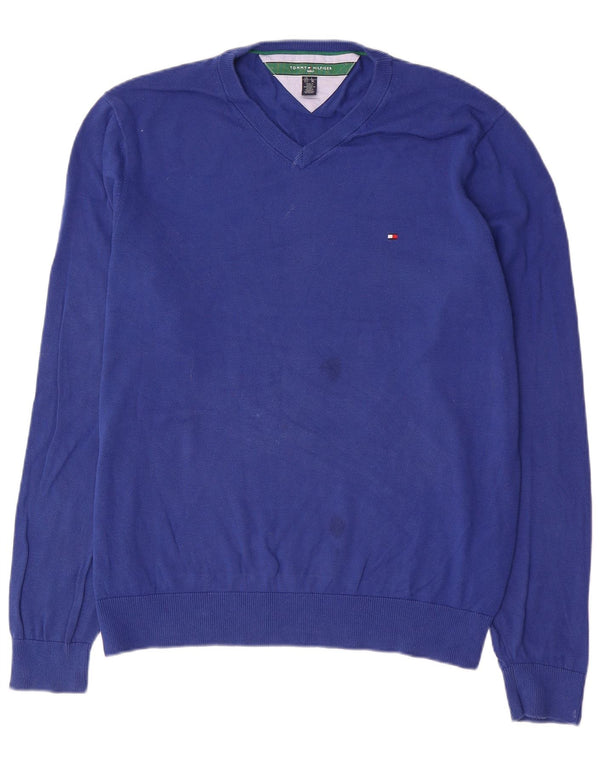 Męski sweter Tommy Hilfiger z dekoltem w kształcie litery V, XL, niebieski, bawełniany