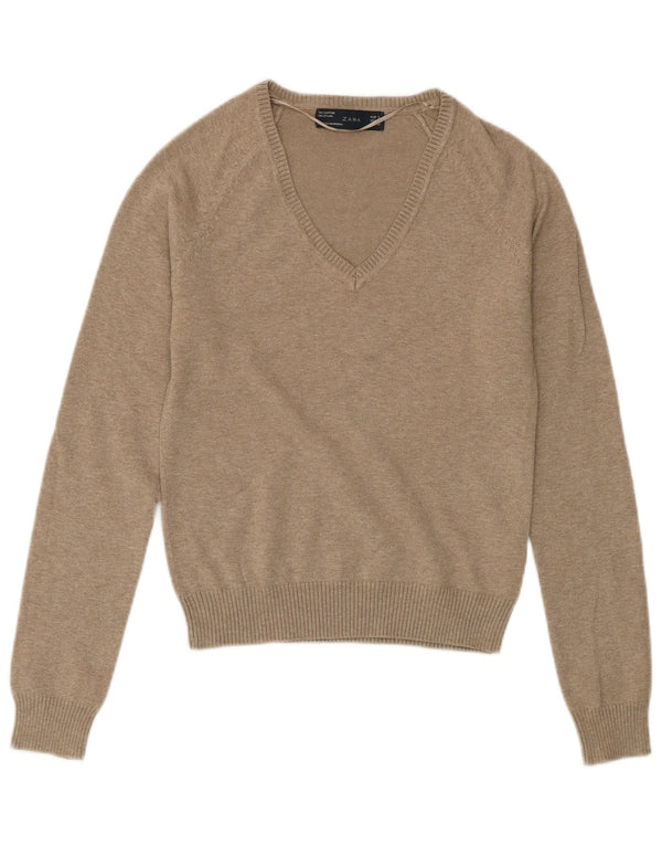 Damski sweter ZARA z dekoltem w kształcie litery V, UK 8, mały, szary, bawełniany