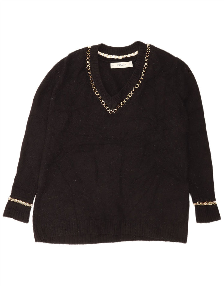 Sweter damski Zara Oversize z dekoltem w kształcie litery V, UK 10, mały, czarny, akrylowy