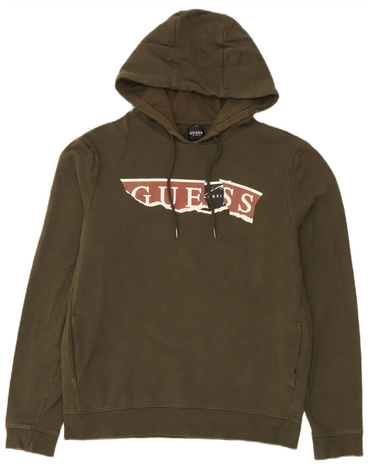 Męski sweter z kapturem Guess z grafiką, średniej wielkości bawełna khaki