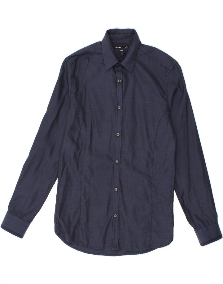 JULES Mens Fitted Shirt Size 37/38 Small Navy Blue Check Cotton Vintage Jules and Second-Hand Jules from Messina Hembry 