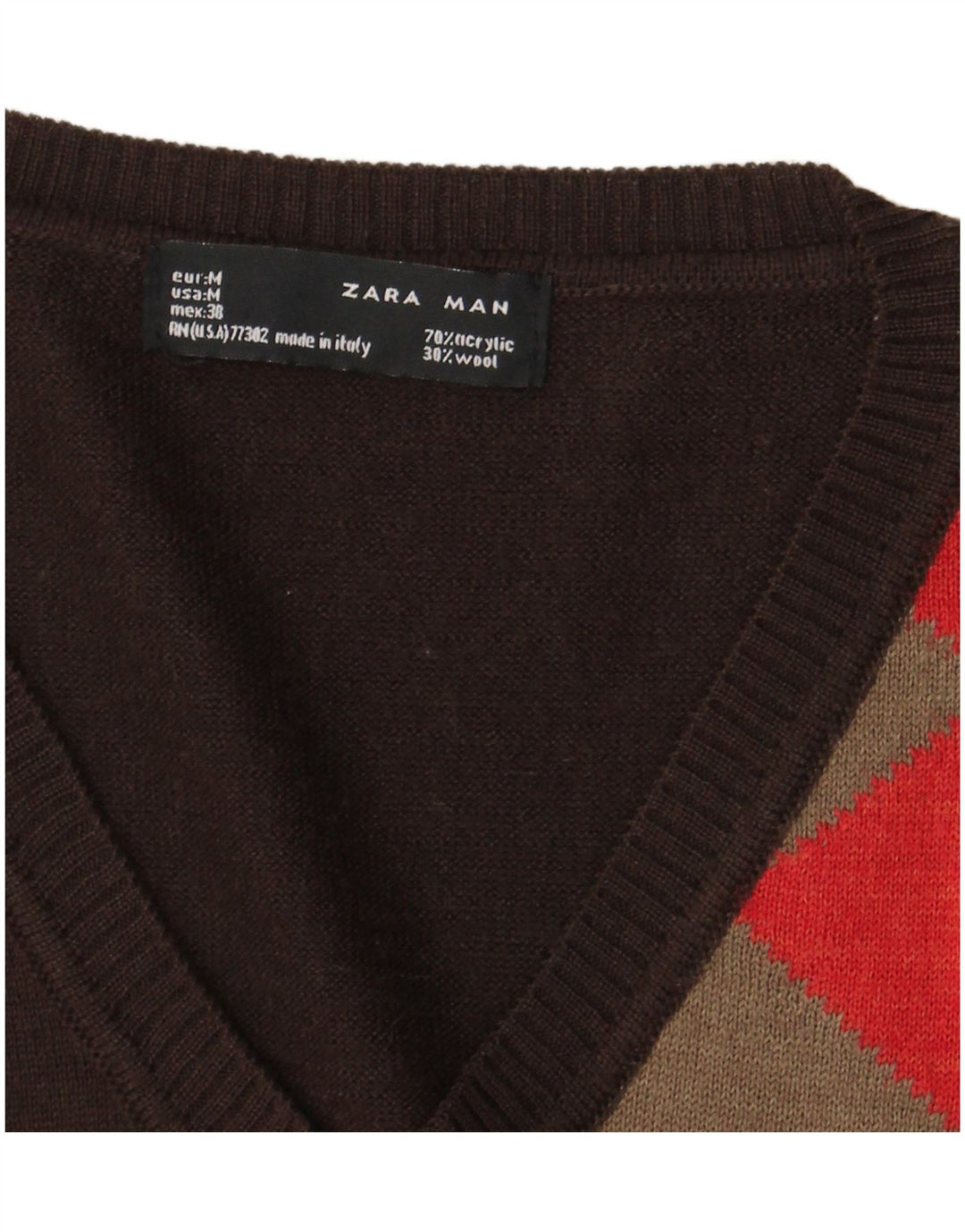 Męski sweter Zara z dekoltem w kształcie litery V, średniobrązowy Argyle/Diament