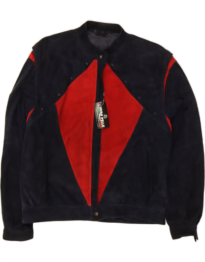 VISCONF Womens Suede Jacket IT 48 XL Navy Blue Colourblock Leather Vintage Visconf and Second-Hand Visconf from Messina Hembry 