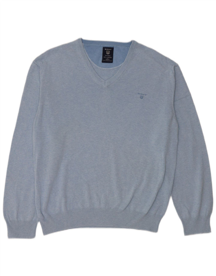 Męski sweter Gant z dekoltem w kształcie litery V, 2XL, niebieska bawełna