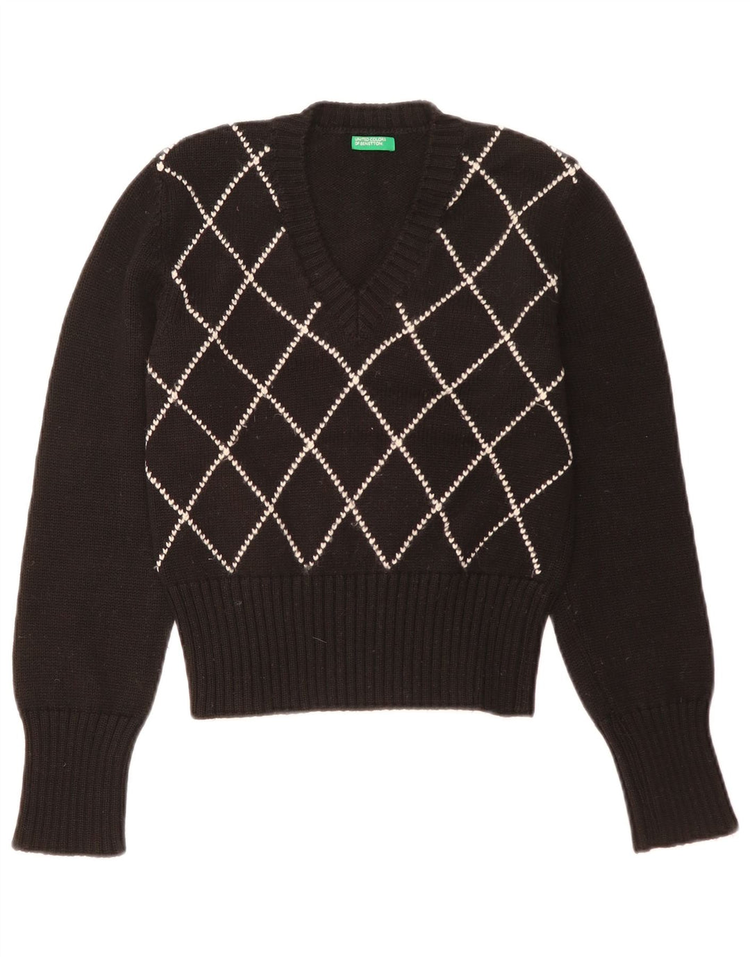 Sweter damski Benetton z dekoltem w kształcie litery V, UK 12, średni czarny Argyle/Diament