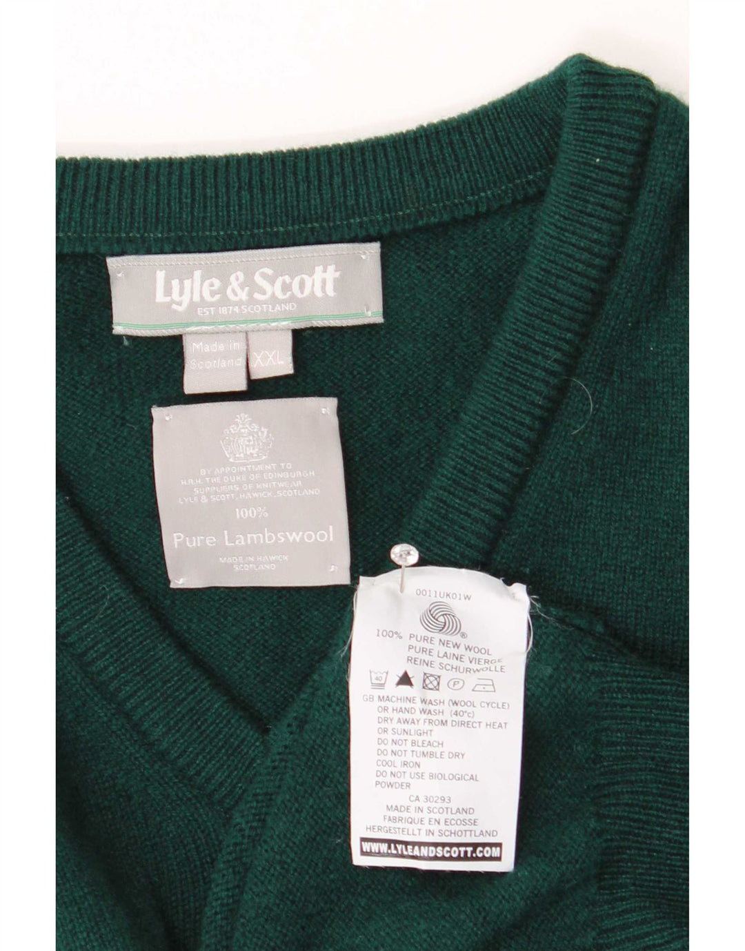 Męski sweter z dekoltem w kształcie litery V, 2XL, Lyle & Scott, zielona wełna