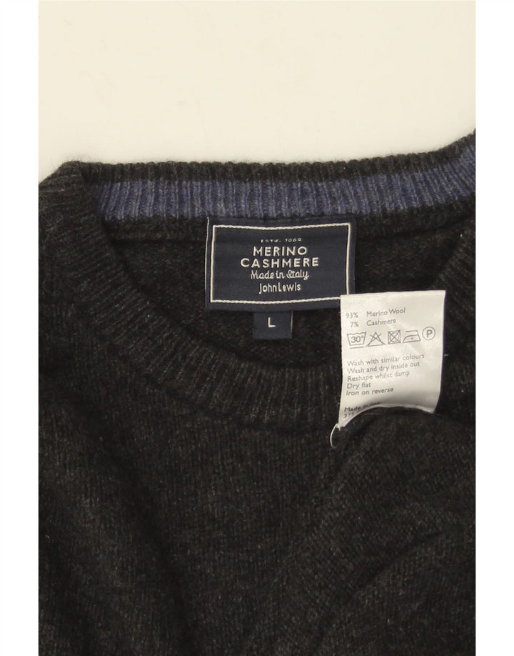 JOHN LEWIS Męski sweter z okrągłym dekoltem, duży, szary, z wełny merynosów