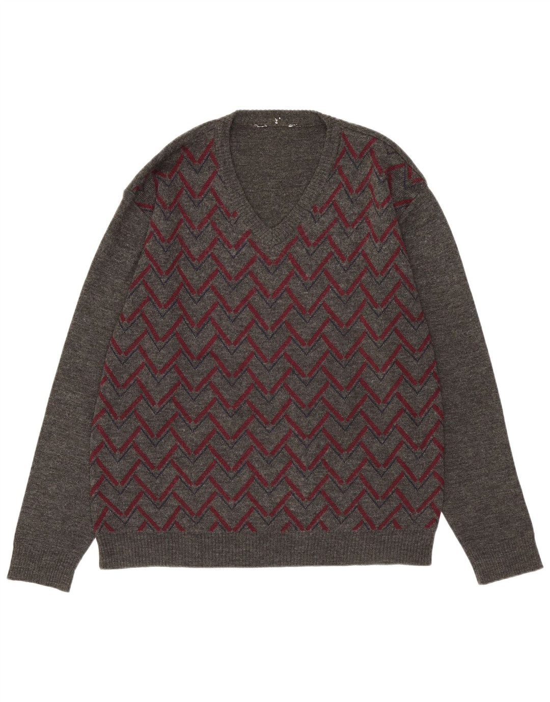 Męski sweter w stylu vintage z dekoltem w szpic, średnio szary, wykonany z tkaniny argyle/diamentowy akryl