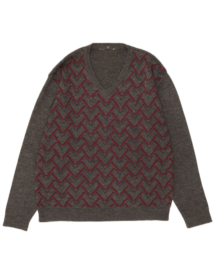 Męski sweter w stylu vintage z dekoltem w szpic, średnio szary, wykonany z tkaniny argyle/diamentowy akryl