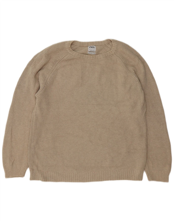 Sweter damski Zara z okrągłym dekoltem, duży, beżowy, bawełniany