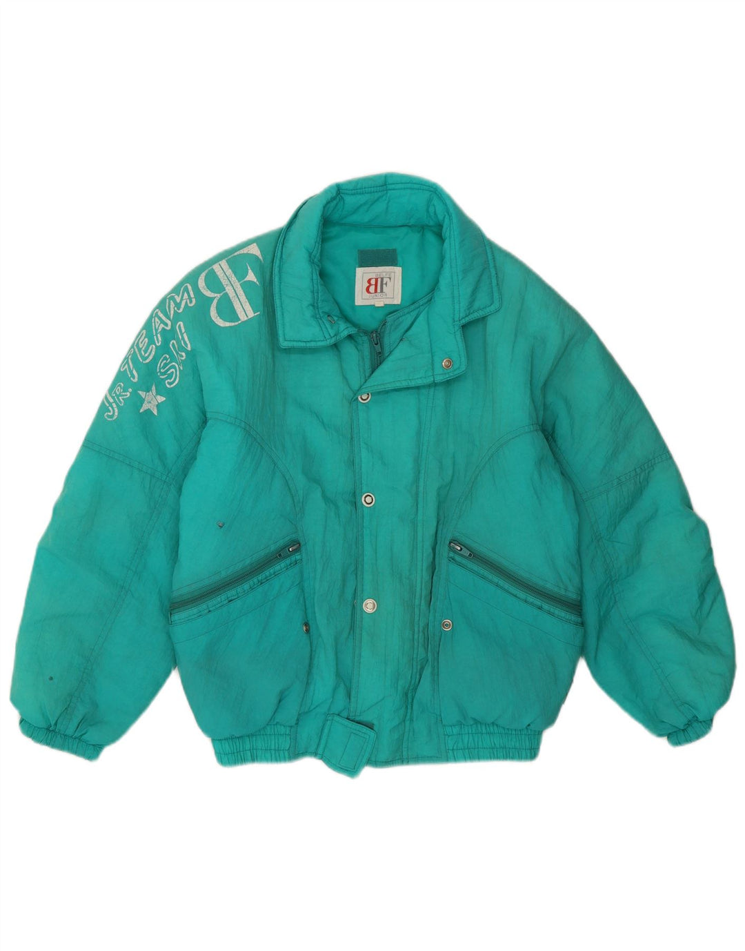 Dziewczęca, oversize'owa kurtka narciarska Belfe z grafiką 10-11 lat, zielona poliamid, lata 80