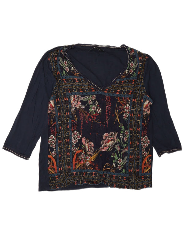 Desigual damski top graficzny z rękawem 3/4 UK 18 XL granatowy w kwiaty