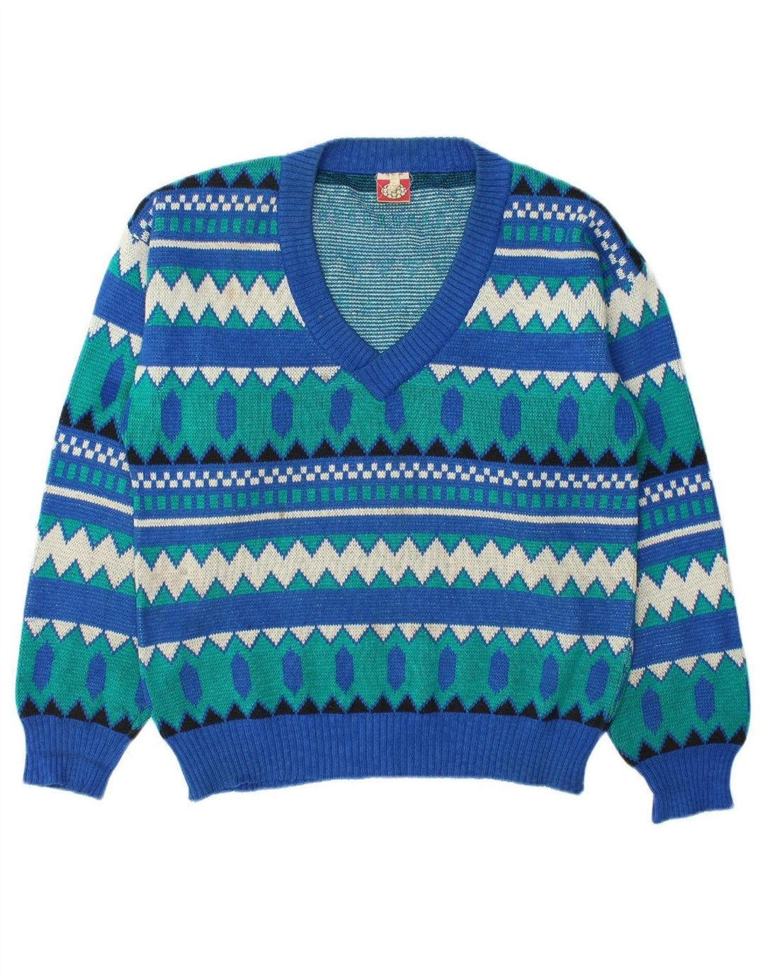 VINTAGE Mens V-Neck Jumper Sweater Medium Blue Geometric