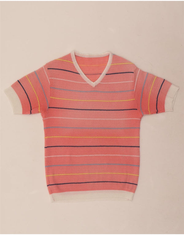 Vintage damski sweter z krótkim rękawem i dekoltem w kształcie litery V, UK 10 w małe różowe paski