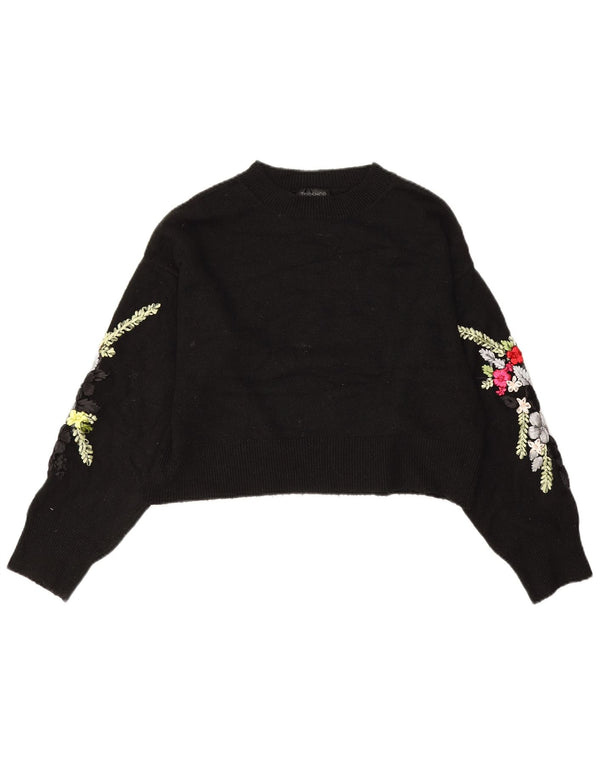 Topshop damski sweter z dekoltem w łódkę, UK 10, mały, czarny w kwiaty