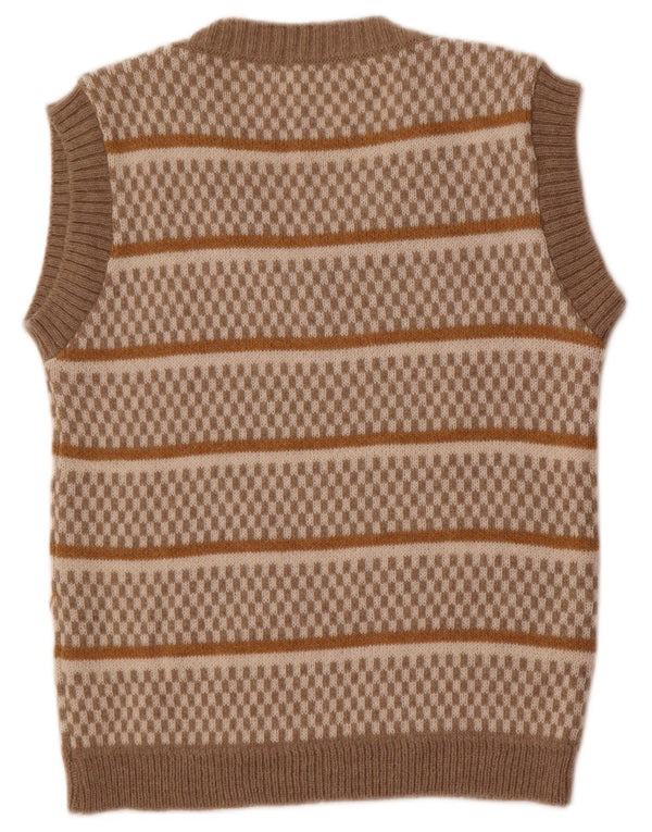 Vintage Womens Vest Tank Top UK 14 Large Beige Striped Acrylic