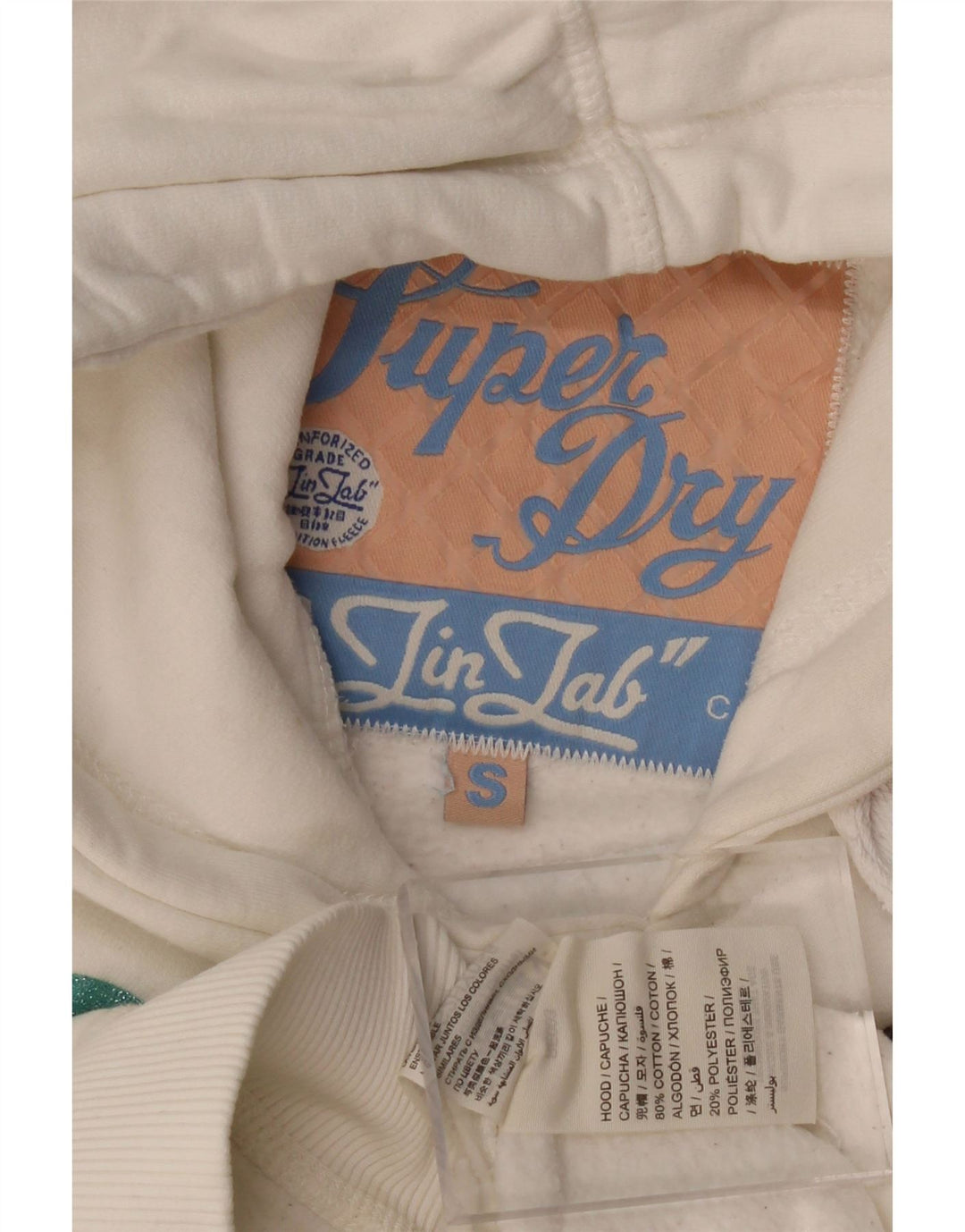 SUPERDRY Damski sweter z kapturem i grafiką UK 10, mały, biały, bawełniany