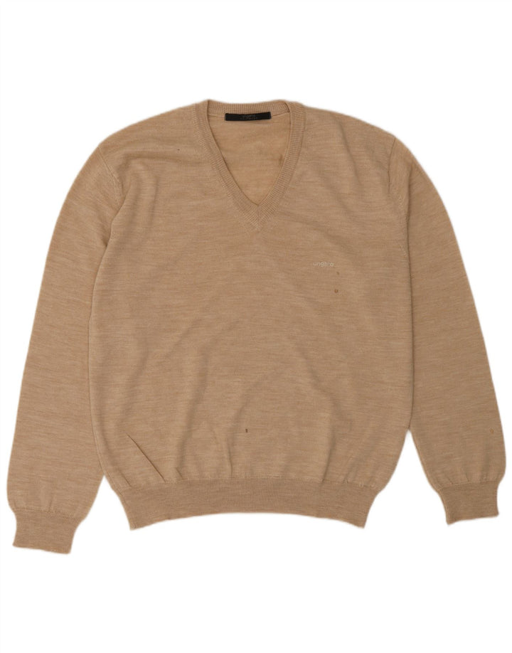 UNGARO Mens V-Neck Jumper Sweater IT 48 Medium Beige Wool