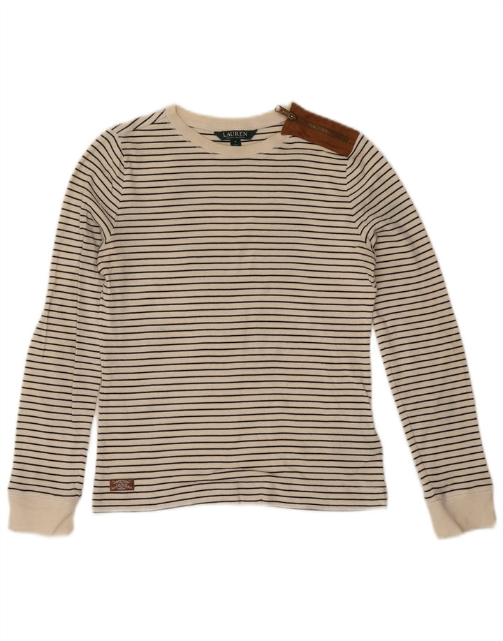 RALPH LAUREN Damski top z długim rękawem, UK 10, w małe, białe paski, bawełniany