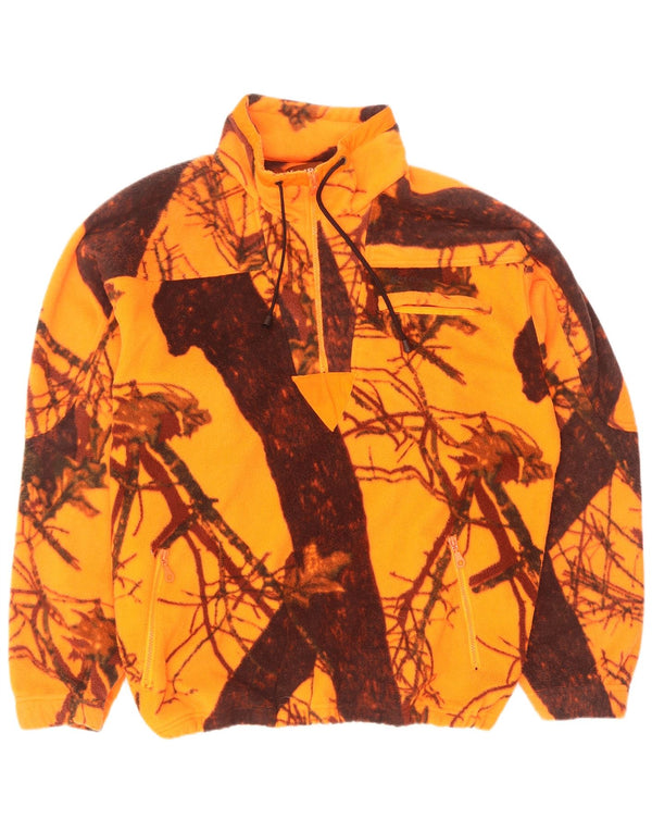 Vintage męski sweter polarowy z zamkiem błyskawicznym XL, pomarańczowy kamuflaż, poliester