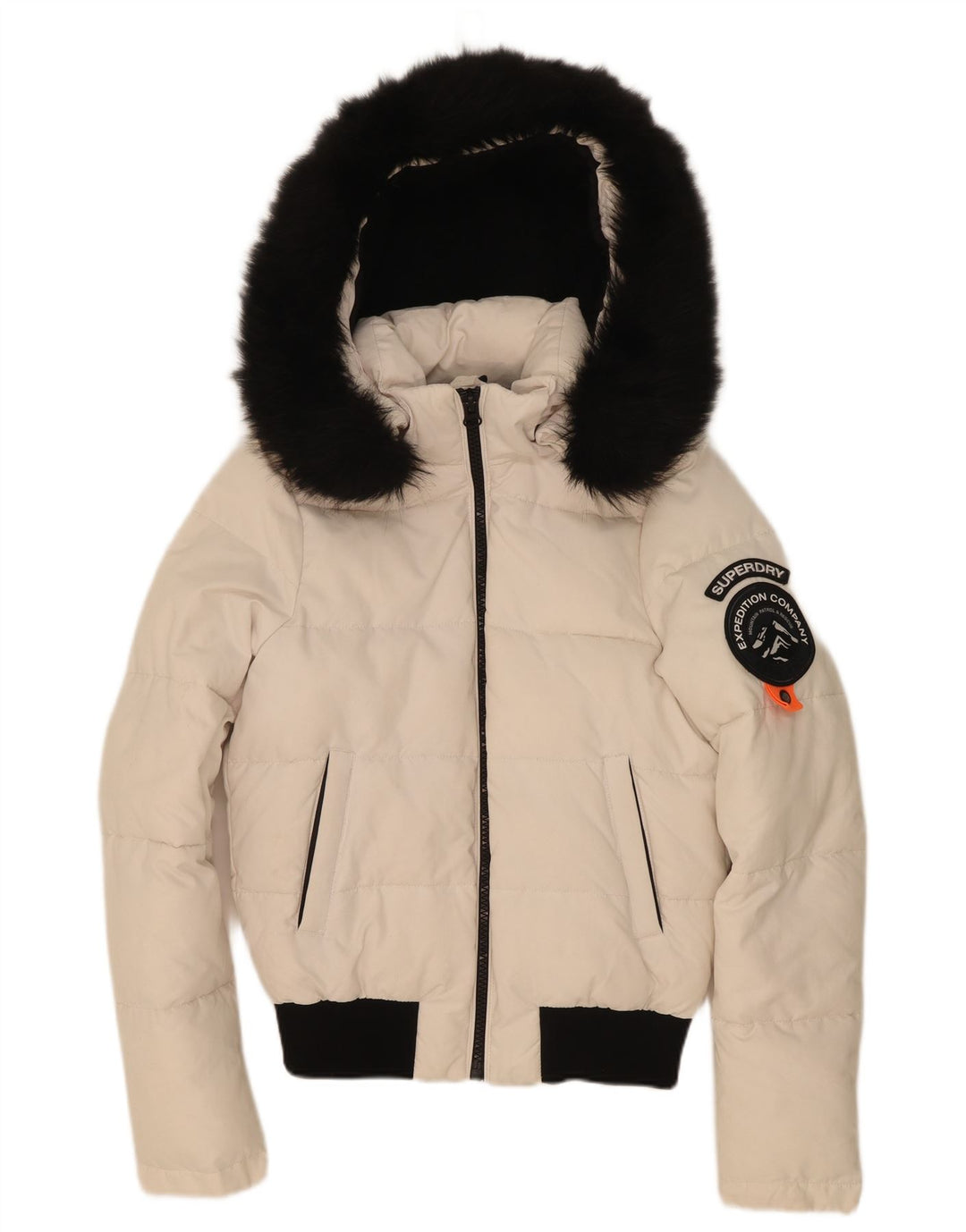 Damska kurtka Superdry z kapturem, oversize, wyściełana UK 8, mała, biała, z blokami kolorów