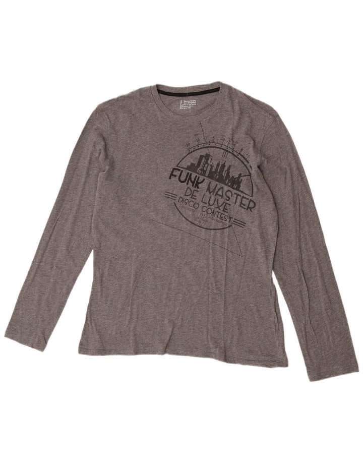 Męski graficzny top Benetton z długim rękawem, średnioszary, bawełniany