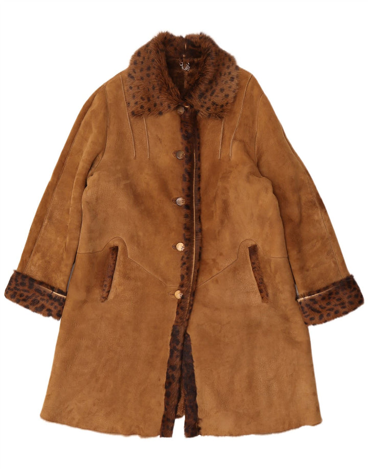 Vintage damski płaszcz oversize z owczej skóry UK 14, średni brązowy nadruk zwierzęcy