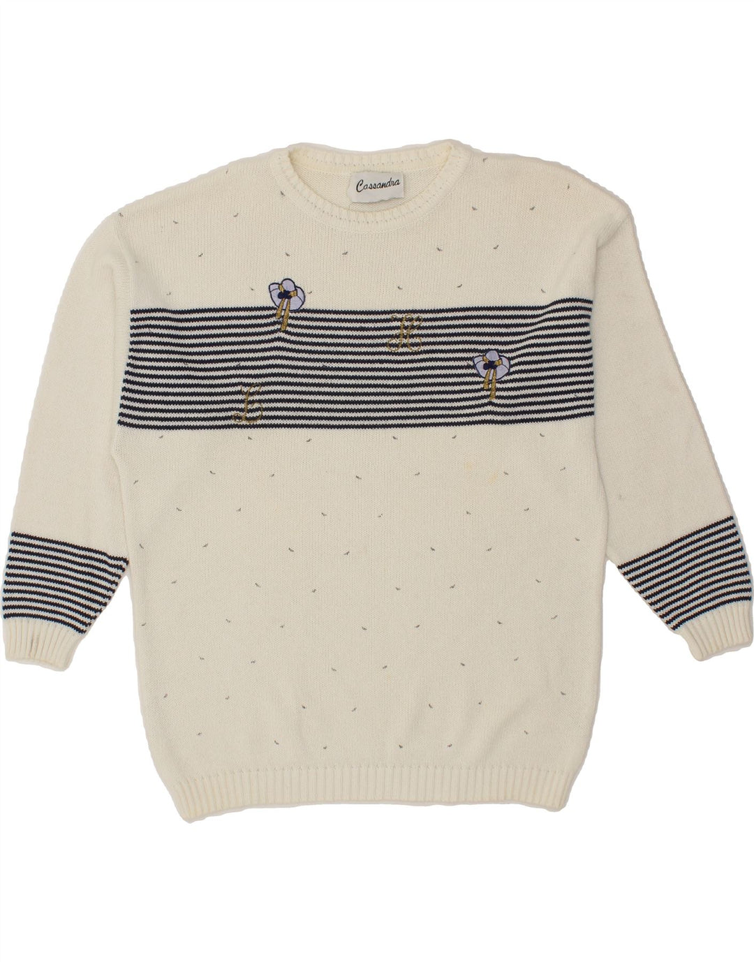 VINTAGE Womens Crew Neck Jumper Sweater EU 40 Medium Off White Striped Vintage Vintage and Second-Hand Vintage from Messina Hembry 