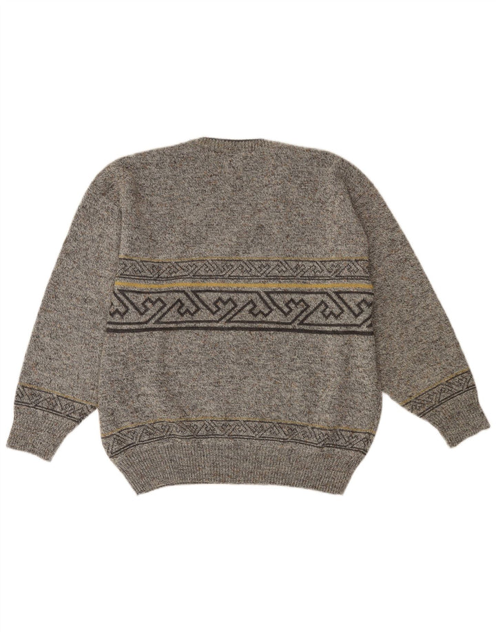 Męski sweter VINTAGE z dekoltem w szpic IT 52, duży, szary, geometryczny, wełniany