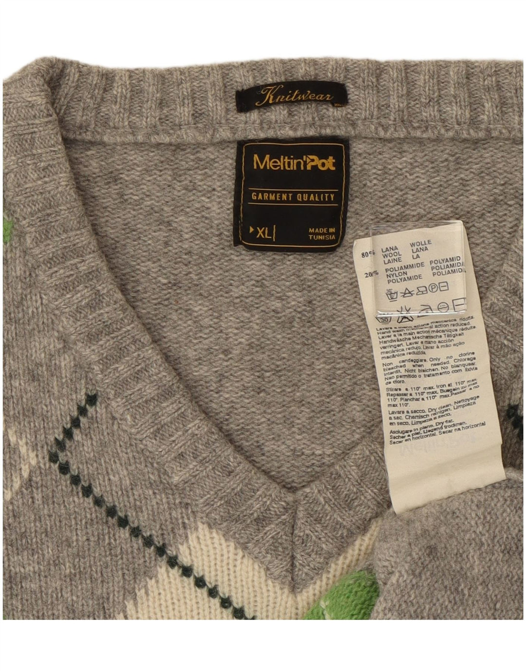 Męski sweter Meltin' Pot z dekoltem w kształcie litery V, XL, szary Argyle/diamentowa wełna