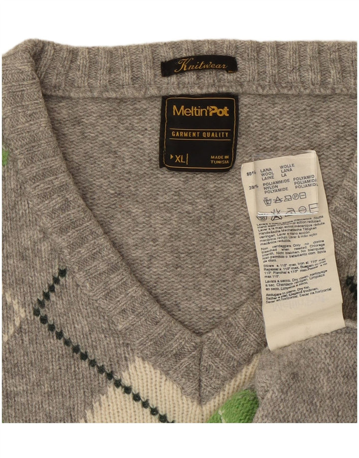 Męski sweter Meltin' Pot z dekoltem w kształcie litery V, XL, szary Argyle/diamentowa wełna