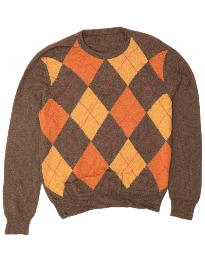 Męski sweter z okrągłym dekoltem w stylu VINTAGE IT 48 Mały brązowy Argyle/Diament
