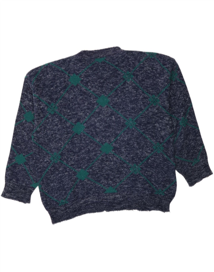 VINTAGE Mens Crew Neck Jumper Sweater Large Navy Blue Argyle/Diamond Vintage Vintage and Second-Hand Vintage from Messina Hembry 