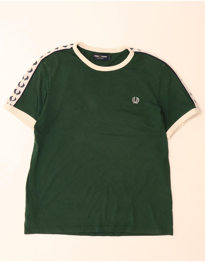 FRED PERRY Męski T-shirt z grafiką, duży, zielony, bawełniany w bloki kolorów
